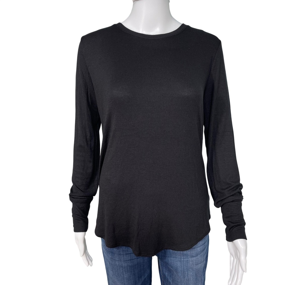 Athleta Womens Black Ribbed Long Sleeve Crew Neck Pilates Yoga Lounge Top Size S